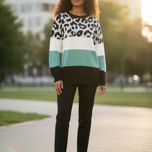 Belle by Kim Gravel Animal Print Colorblock Sweater - Black, White, Teal